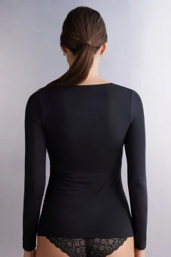 Maglia a Manica Lunga con Scollo a Madonna in Micromodal