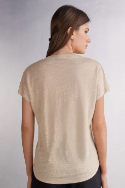 Maglia Manica Corta con Scollo a V in Lino