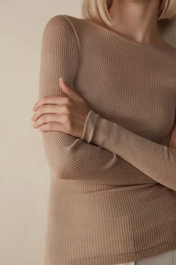 Maglia Manica Lunga a Girocollo Ampio in Lana e Seta