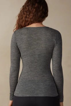 Maglia Manica Lunga a Girocollo Ampio in Lana e Seta