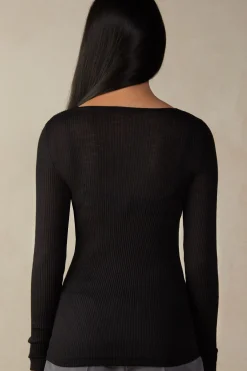 Maglia Manica Lunga a Girocollo Ampio in Lana e Seta
