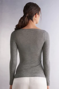 Maglia Manica Lunga in Modal con Cashmere e Scollo a Barchetta