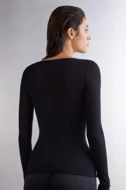 Maglia Manica Lunga in Modal con Cashmere e Scollo a Barchetta