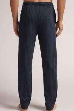 Pantaloni Cotone Stampa Gessato Blu