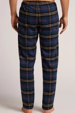 Pantaloni Tela di Cotone Garzata Stampa Check Petrolio