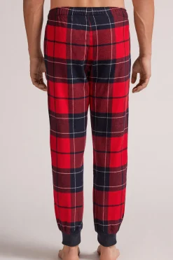 Pantaloni Tela di Cotone Garzata Check Rosso