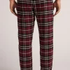 Pantaloni Tela di Cotone Garzata Stampa Check Burgundy
