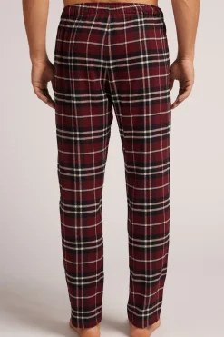 Pantaloni Tela di Cotone Garzata Stampa Check Burgundy