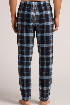 Pantaloni Tela di Cotone Garzata Stampa Check Nero Celeste