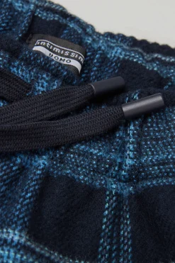 Pantaloni Tela di Cotone Garzata Stampa Check Blu Denim