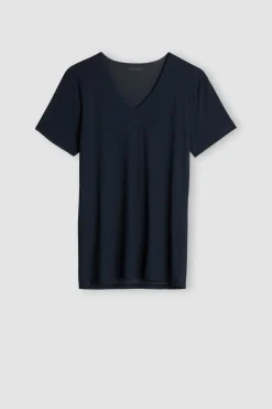 T-shirt in Microrete Taglio Vivo con Scollo a V