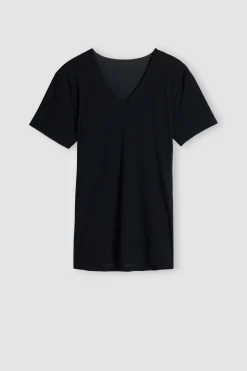 T-shirt in Microrete Taglio Vivo con Scollo a V