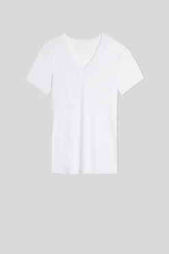 T-shirt in Microrete Taglio Vivo con Scollo a V